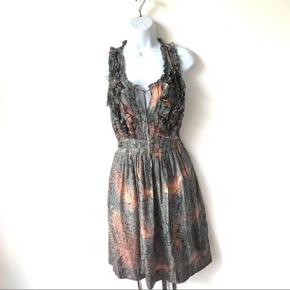 RUTZOU DANISH DESIGNER SILK DRESS MOSS/ PEACH - Picture 7 of 8